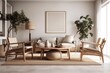 © AkuAku - Basic living room design, farmhouse wooden furniture, light beige interior backdrop,. Generative AI