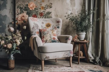 Wall Mural - Bohemian room with trendy white armchair. Boho style home interior detail. Generative AI