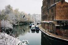 Canal Boats And Snow In London