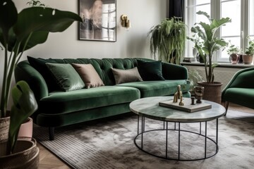 Poster - Boho living room with green velours sofa, white cushions, coffee table with flower in ceramic vase, and potted houseplant on floor, closeup. Generative AI