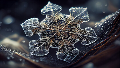Wall Mural - Macro snowflake on wet branch with yellow dew generated by AI