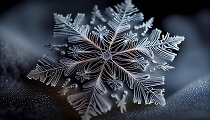 Wall Mural - Frozen snowflake sparkles on frosty winter branch generated by AI