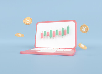 Wall Mural - 3d render business trading online on laptop with coin. candlestick stock market growth. income and returns from investing in stocks. 3d rendering illustrator minimal.