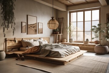 Wall Mural - Japandi farmhouse bedroom. Beige apartment with natural wood furnishings and dry plants. Illustration. Generative AI