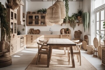 Wooden country kitchen, all white project draft. Carpet, dining table, appliances. Scandinavian bohemian decor. Plan, top,. Generative AI