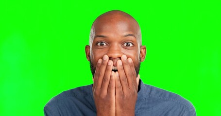 Poster - Wow, hands and face of black man on green screen with good news, omg or amazed emoji on studio background. Portrait, shocked and male winner with surprised, expression and unexpected gossip on mockup