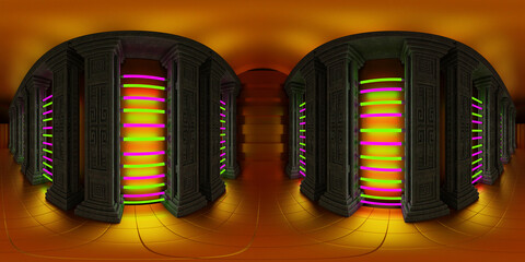 Wall Mural - seamless hdri map, spherical environment panorama background, golden cyberpunk temple, full 360-degr