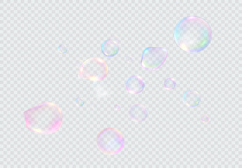 Set of realistic colorful soap bubbles. Transparent realistic soap bubbles isolated on transparent background.