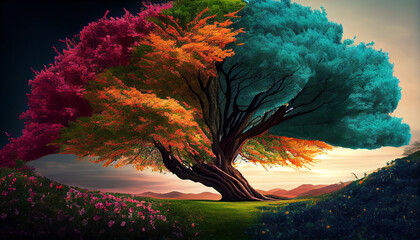 Poster - Tree silhouette against multi colored sunset sky painted image generated by AI