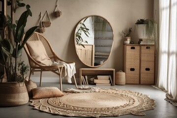 Poster - Modern bohemian interior. Rug, wicker chair, and large mirror. Horizontal image. Generative AI