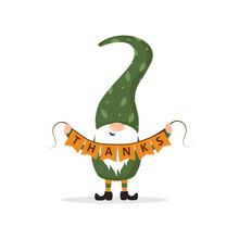 Thanksgiving Day Gnome. Cute Scandinavian Dwarf With Garland. Holiday Banner Or Card With Little Leprechaun. Hand Drawn Autumn Element. Vector Illustration In Flat Cartoon Style.