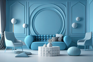 Wall Mural - Interior of the room in plain monochrome pastel blue color with sofa . Generative Ai