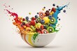 Color Splash shot of a bowl of rainbow-colored fruit salad, with each piece of fruit popping against a white background. Generative AI