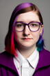 studio portrait of trans woman with dyed hair and glasses, made with generative ai