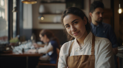 Portrait of a young latinamerican woman waitress on restaurant, Generative AI