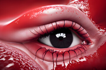 Abstract red horror human eye in blood 3D illustration. Generative AI