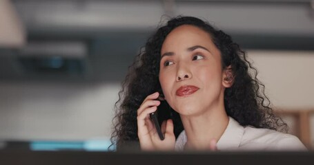 Sticker - Phone call, discussion and a business woman talking while working late at night in her office on a project deadline. Mobile, contact and conversation with a female employee chatting on her smartphone