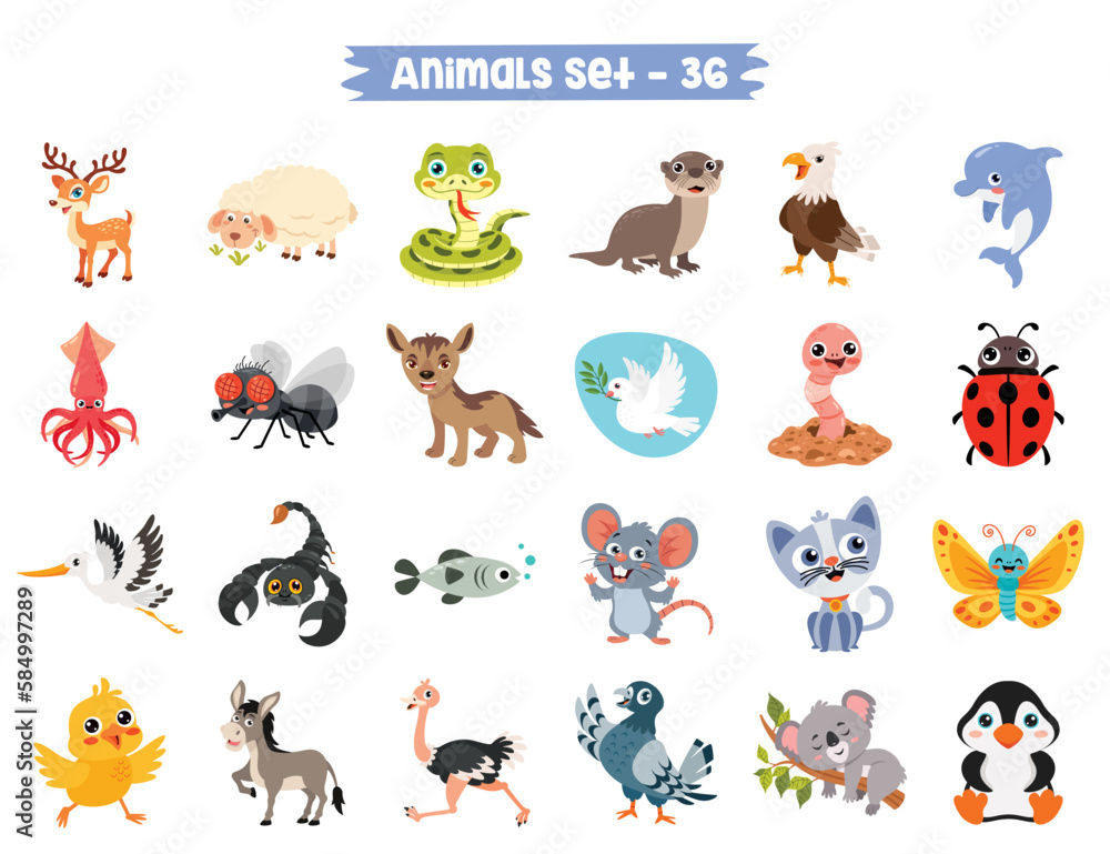Set Of Cute Cartoon Animals Stock Vector | Adobe Stock