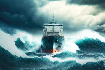 Wall Mural - Cargo ship delivers cargo and sails on rough sea, created with generative ai