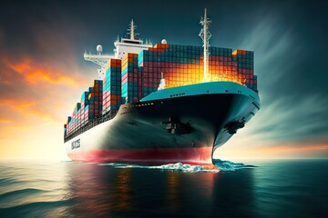 Sticker - Loaded cargo ship with large number of containers enters port, created with generative ai