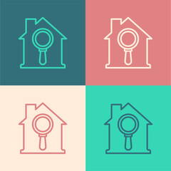 Sticker - Pop art line Search house icon isolated on color background. Real estate symbol of a house under magnifying glass. Vector