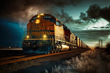 Sticker - Locomotive lit headlights and pulls cargo train on rails at night, created with generative ai