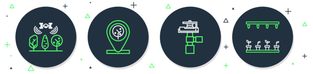 set line location and tree, automatic irrigation sprinklers, smart farm with drone and icon. vector