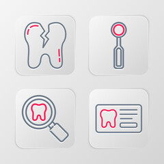 Sticker - Set line Dental card, search, inspection mirror and Broken tooth icon. Vector