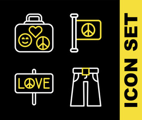 Sticker - Set line Flag peace, Jeans wide, Peace and Suitcase for travel icon. Vector