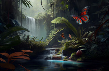 Beautiful nature scene of forest, butterflies in a natural jungle environment landscape, colorful yet calm art with waterfall and wilderness - AI Generated