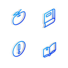 Sticker - Set Isometric line Book, Apple, Speech bubble and Exclamation and Open book icon. Vector