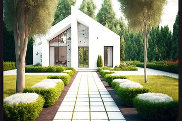 Canvas Print - Small white modern house with paved garden path and well-groomed bushes, created with generative ai