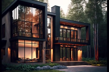 Canvas Print - Modern house in dark brown tones with wide entrance located next to forest, created with generative ai