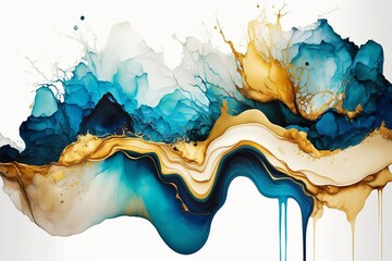 Wall Mural - Close-up shot of blue, gold and white ink abstract texture,