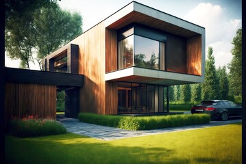 Wall Mural - Beautiful modern house with light wood finish and trimmed lawn, created with generative ai