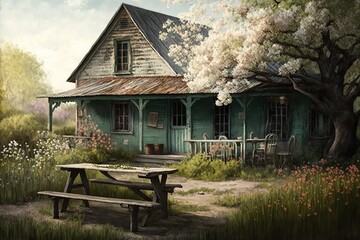 Canvas Print - farmhouse with blooming garden and weathered picnic table, created with generative ai