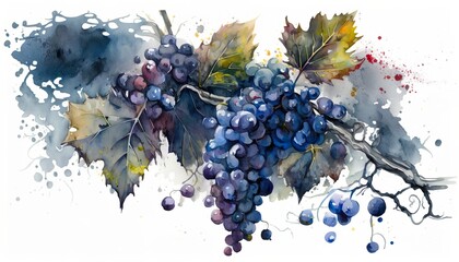 vine with blue grapes and green leafs, abstract art, watercolor illustration. Generative AI