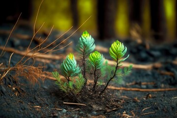 Poster - Small sprouts of trees making their way out of ground in forest new life after wildfire, created with generative ai