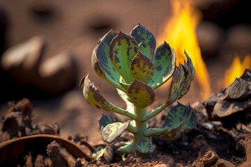 Poster - new life after wildfire saving environment sprout on blurry background, created with generative ai