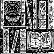 © Rakhil - Magic Black and white library with books, moths, keys and plants. Hand drawn seamless pattern in linocut style. Background for fabric, wallpapers, covers and textiles