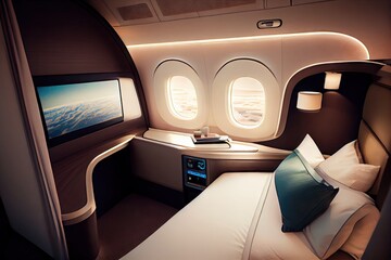 Sticker - first-class cabin, with sleek and modern decor, offering maximum comfort during flight, created with generative ai