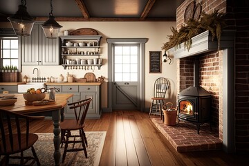 Poster - farmhouse kitchen with wooden floors, cozy fireplace, and harvest-inspired decor, created with generative ai