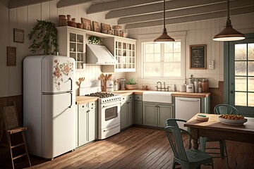 Canvas Print - farmhouse kitchen with vintage appliances and modern touches, created with generative ai