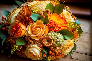 Wall Mural - beautiful multicolored bouquet with orange flowers and decorations for wedding, created with generative ai