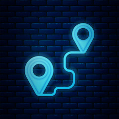 Wall Mural - Glowing neon Route location icon isolated on brick wall background. Map pointer sign. Concept of path or road. GPS navigator. Vector