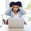 Woman, laptop or pulling hair in stress for financial planning failure, crisis or investment fraud. Frustration, annoyed or anxiety for business worker on technology, finance mistake or phishing scam