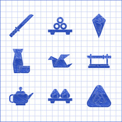 Sticker - Set Origami bird, Sushi on cutting board, Traditional Japanese katana, tea ceremony, Temaki roll and icon. Vector