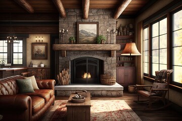 Canvas Print - rustic farmhouse with stone fireplace and leather sofa, warm and inviting, created with generative ai