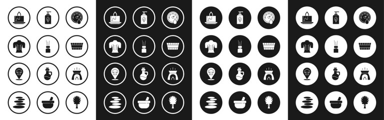 Sticker - Set Sauna thermometer, Aroma diffuser, Massage, candle, bucket, Essential oil bottle, and icon. Vector