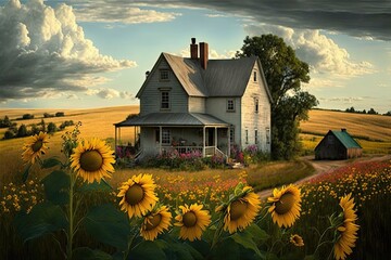 Wall Mural - country farmhouse surrounded by vibrant sunflowers, with a view of the rolling hills, created with generative ai